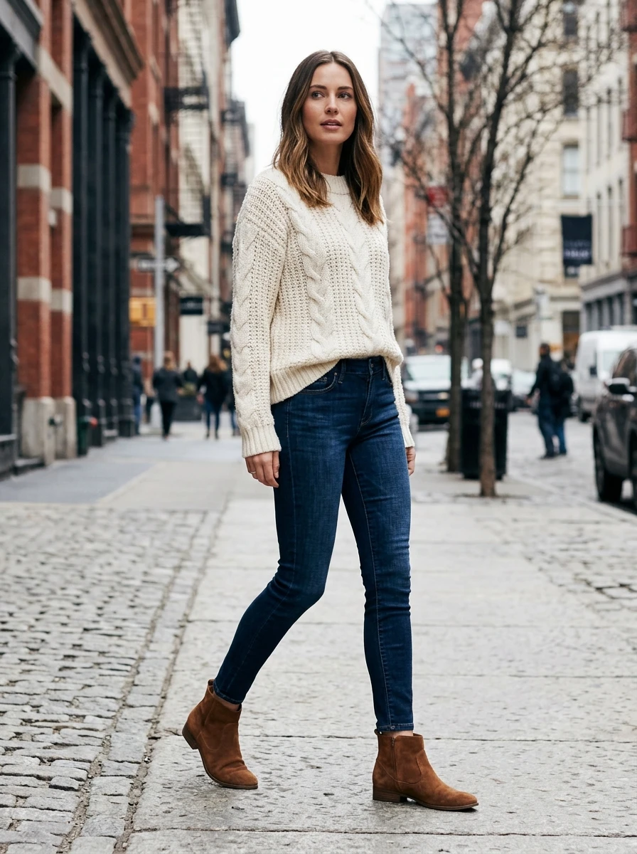 A woman wearing suede boots and a chunky sweater, highlighting the importance of footwear texture in winter.