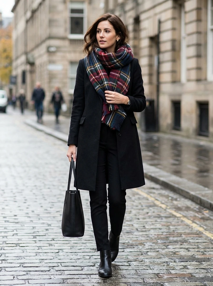 A woman wearing a black coat and a bold plaid scarf, showing how accessories can transform a neutral winter outfit.