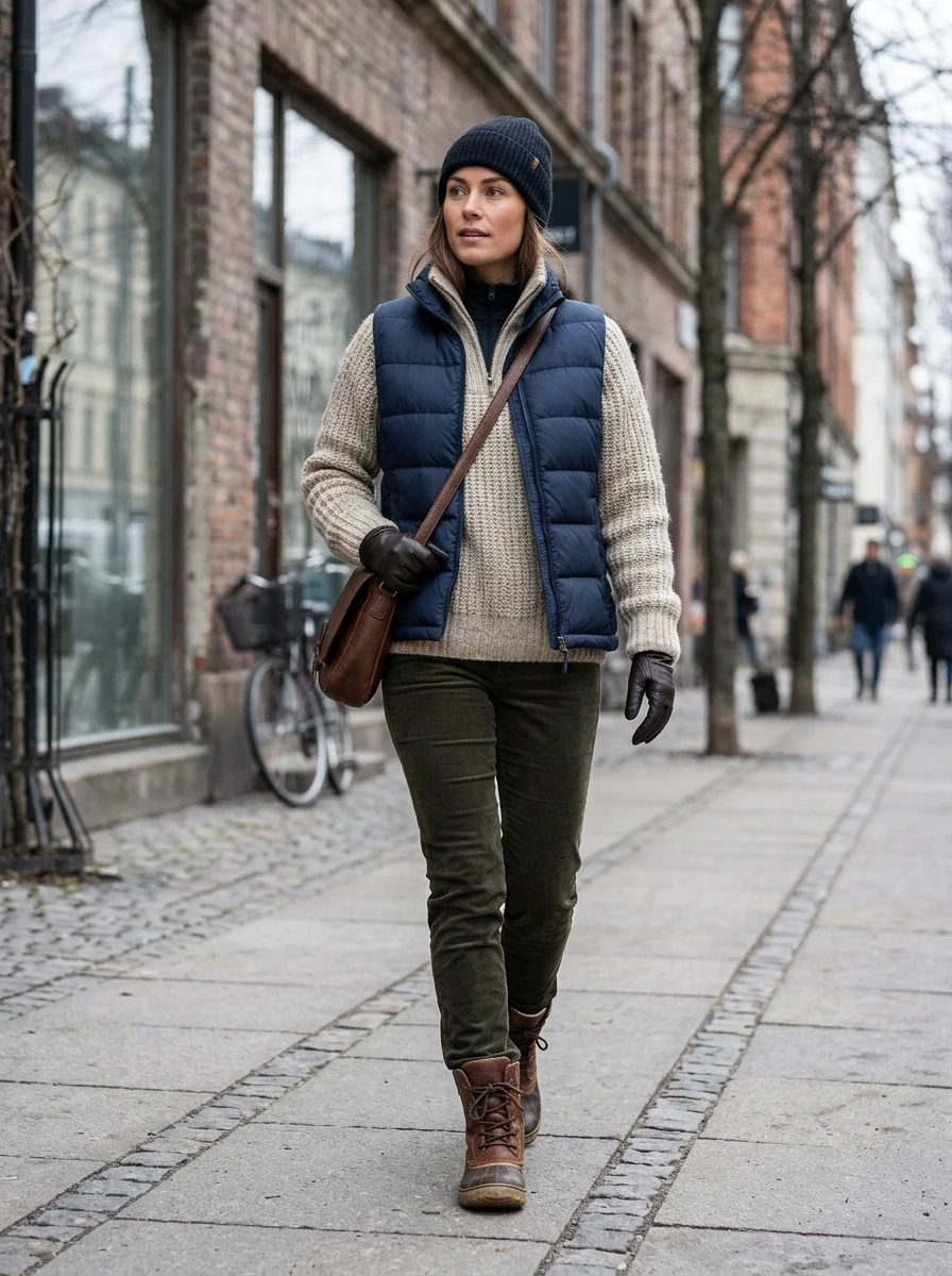 A woman wearing a quilted vest and thick sweater, demonstrating a practical and layered winter look.