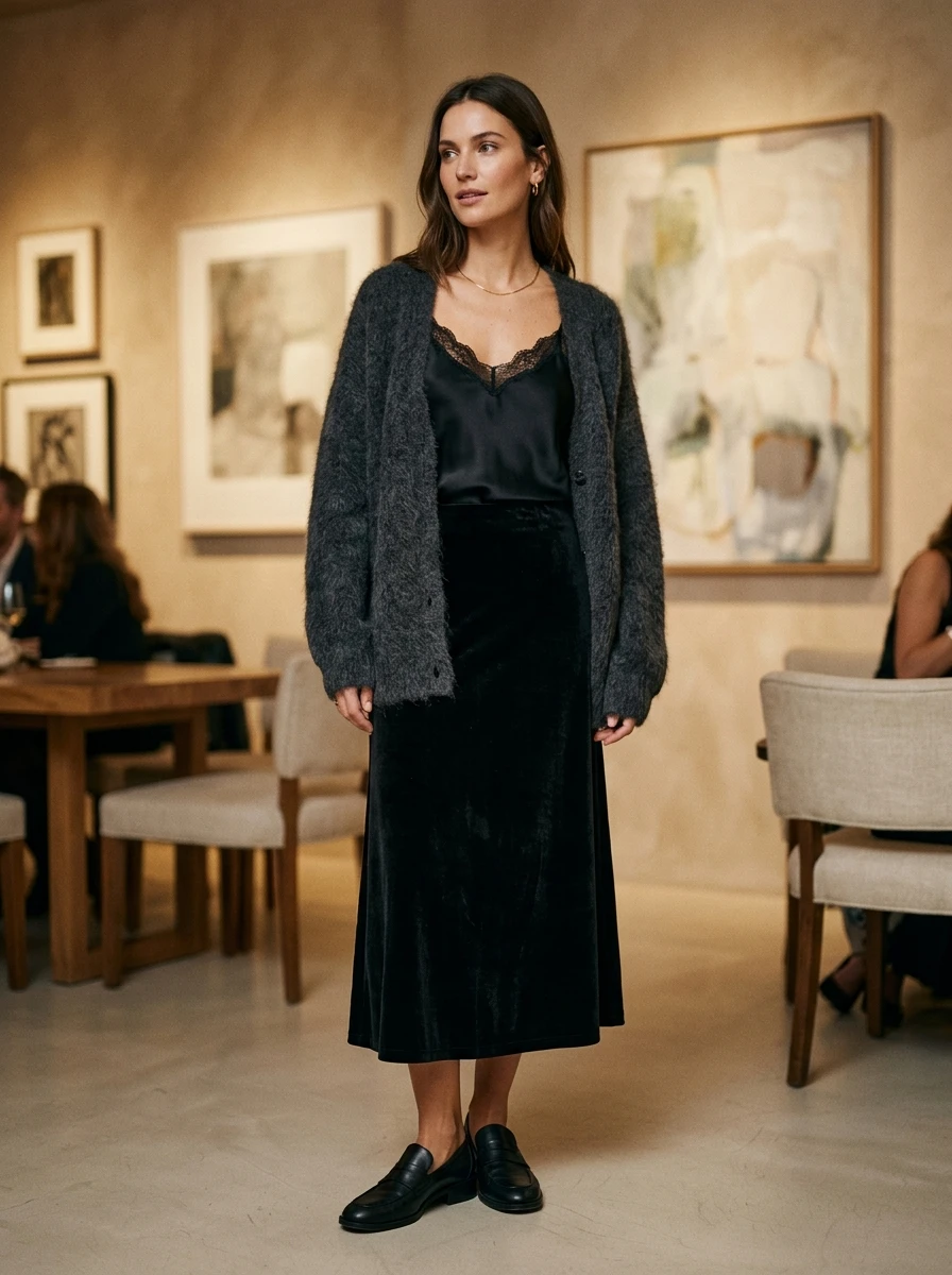 A woman wearing a velvet midi skirt and mohair cardigan, highlighting the contrast in textures for an evening look.