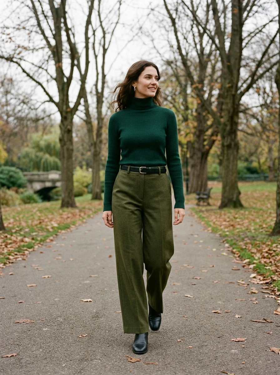 A woman wearing olive trousers and an emerald turtleneck, demonstrating a deep forest color palette for winter.
