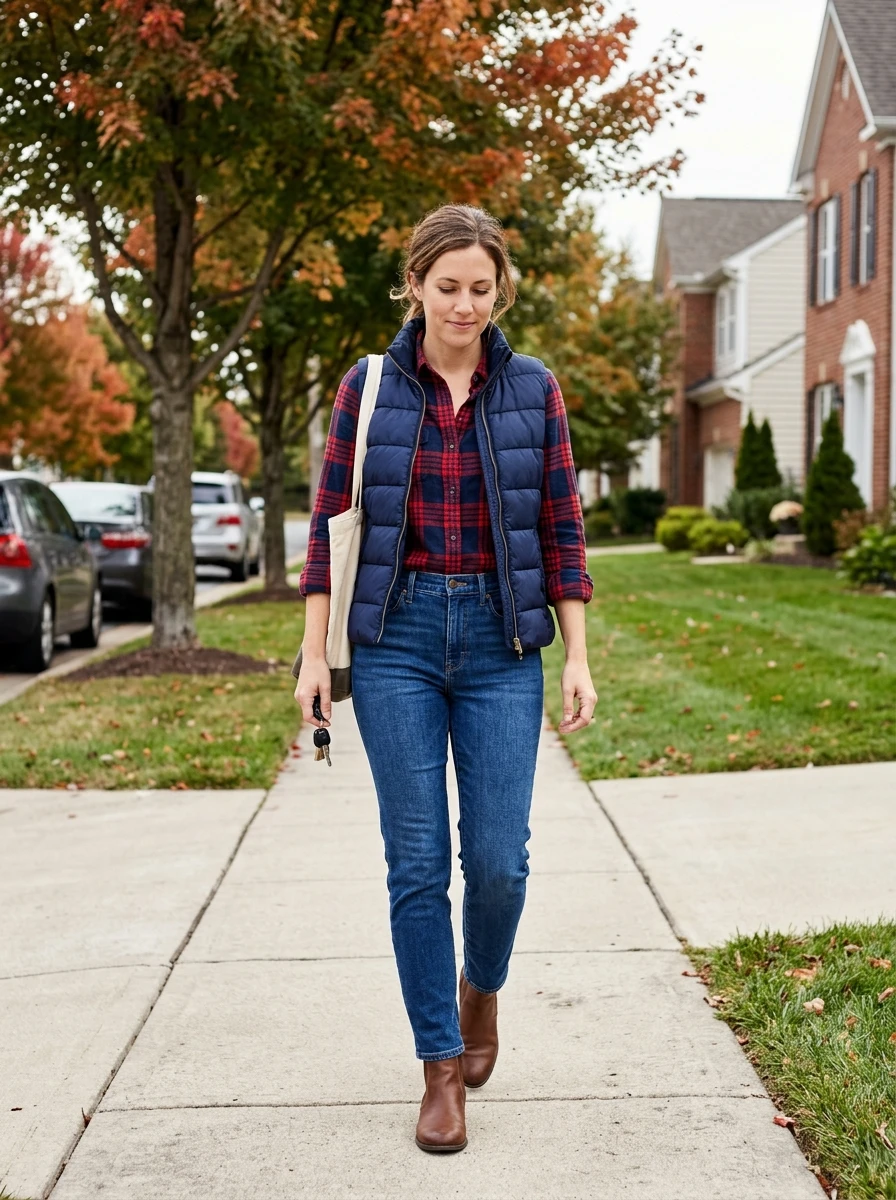 A woman wearing jeans, a flannel shirt, and a quilted vest, showing a practical and rugged winter outfit.