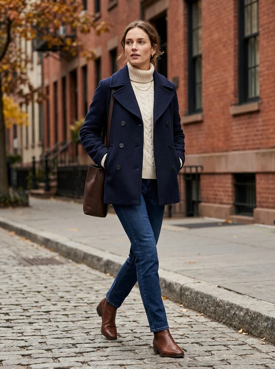 A woman wearing a navy pea coat and cream sweater, highlighting a high contrast winter color combination.
