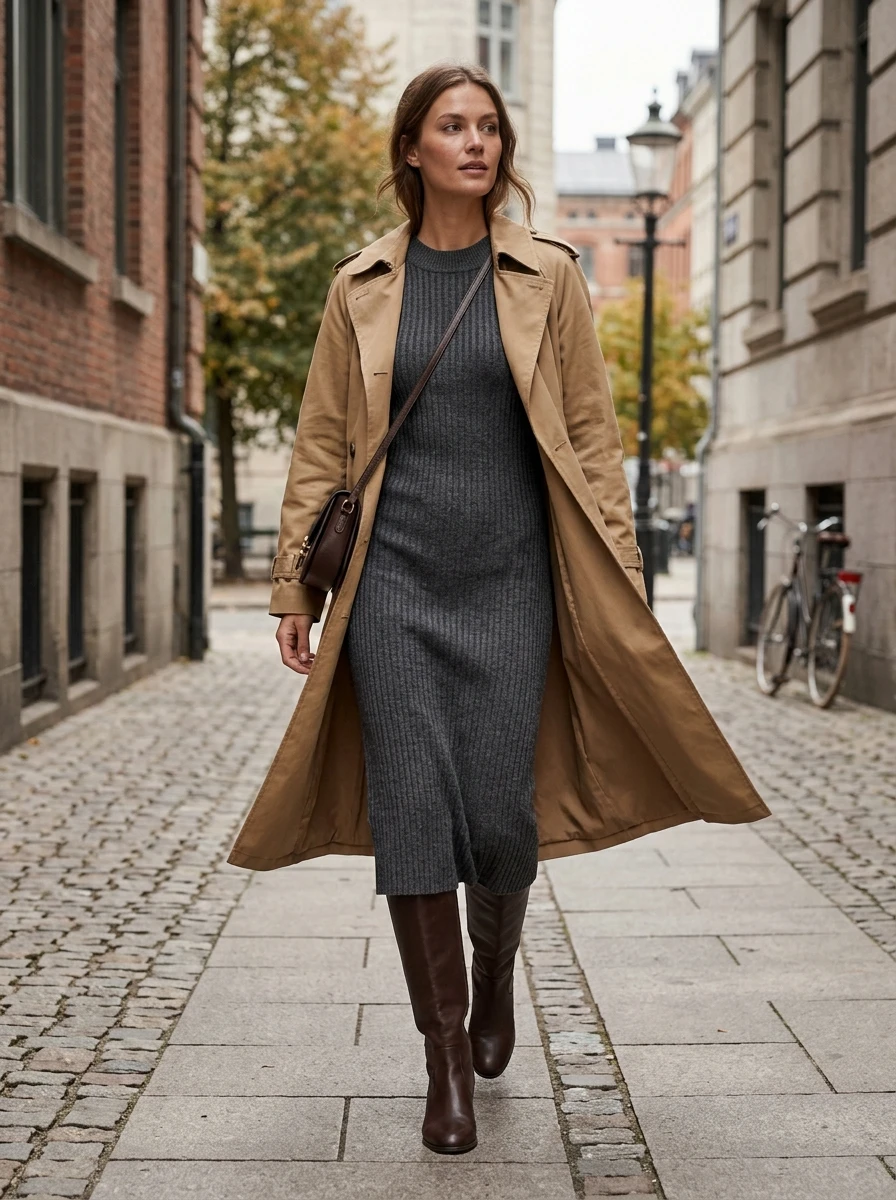 A woman wearing a rib knit midi dress and leather boots, showing a sleek and warm winter ensemble.