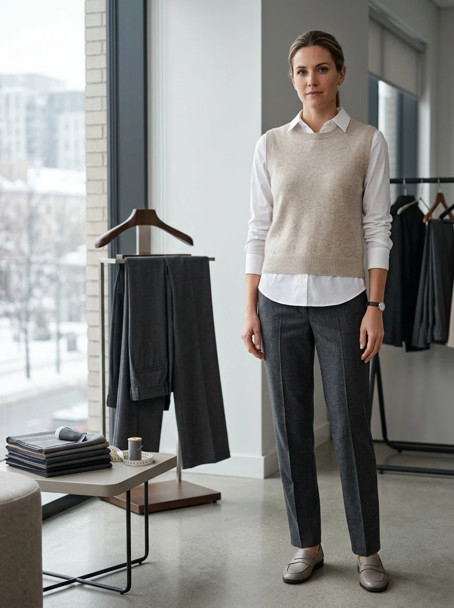 A woman wearing tailored wool trousers and a sweater vest, creating a professional and refined office look.