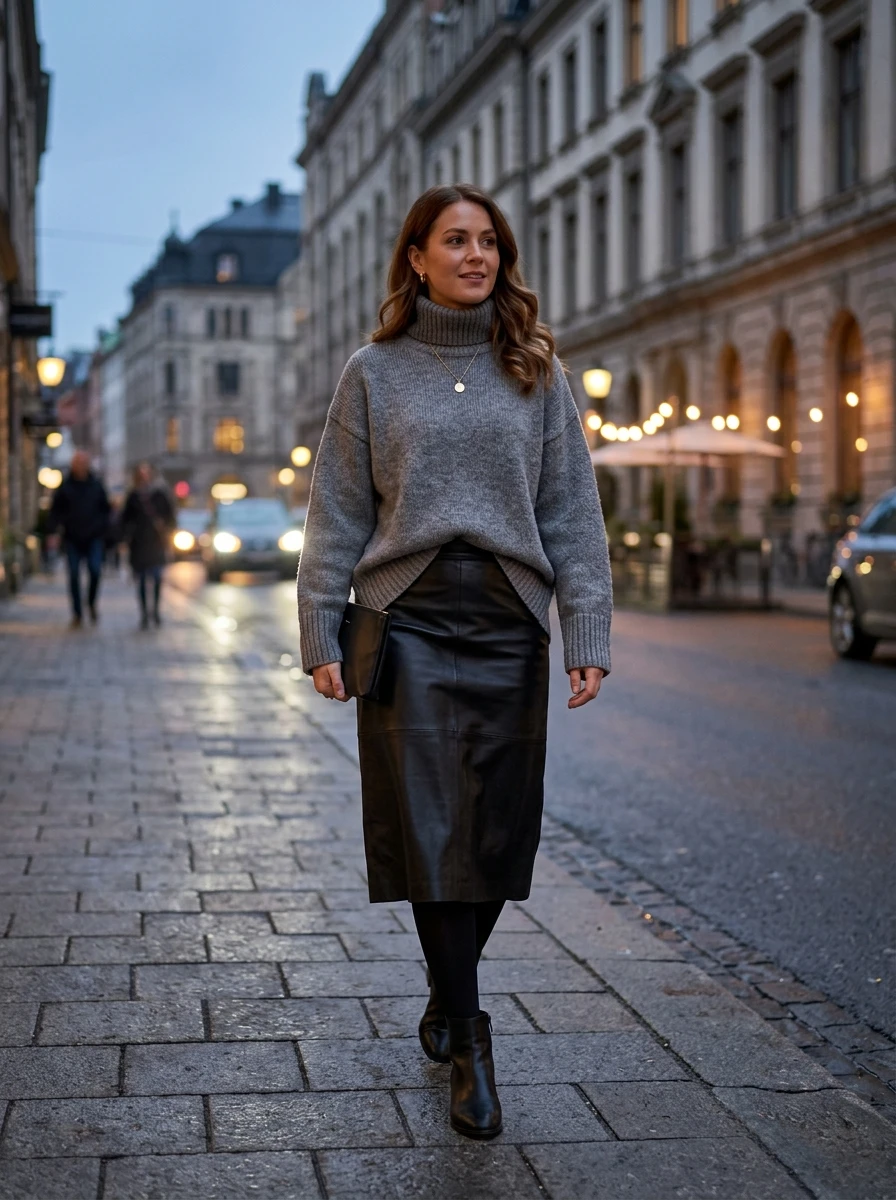 A woman styling a leather midi skirt with a bulky turtleneck, showing a mix of textures for winter.