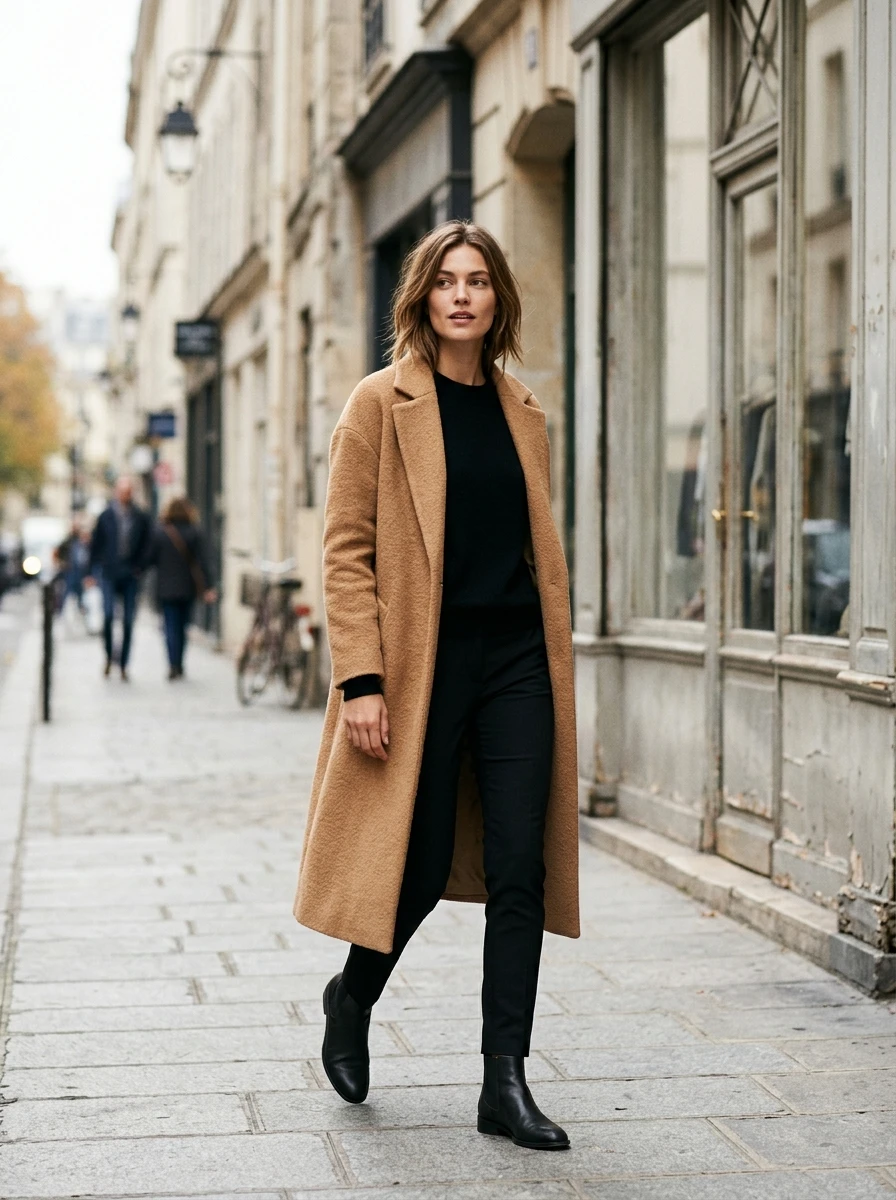 A woman wearing a long camel wool coat over a black sweater and black trousers.