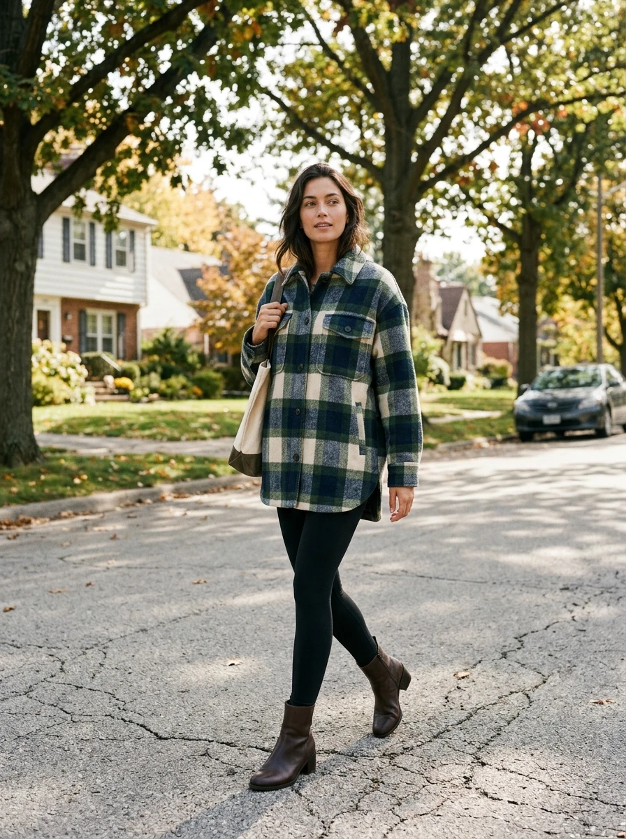 A woman wearing a plaid wool blend shacket over leggings and ankle boots.