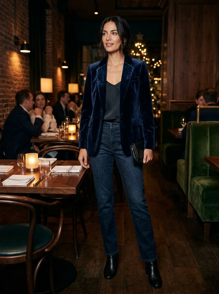 A woman wearing a navy velvet blazer and dark wash denim jeans.