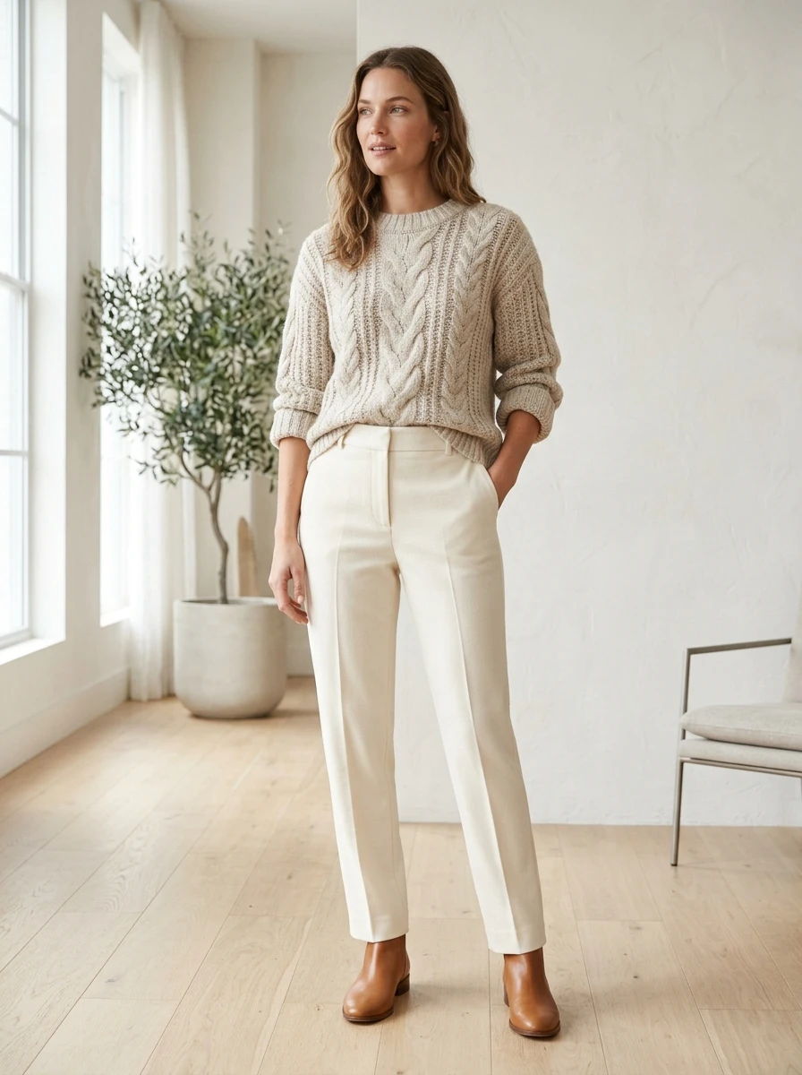 A woman wearing cream wool trousers and a chunky oatmeal knit sweater.