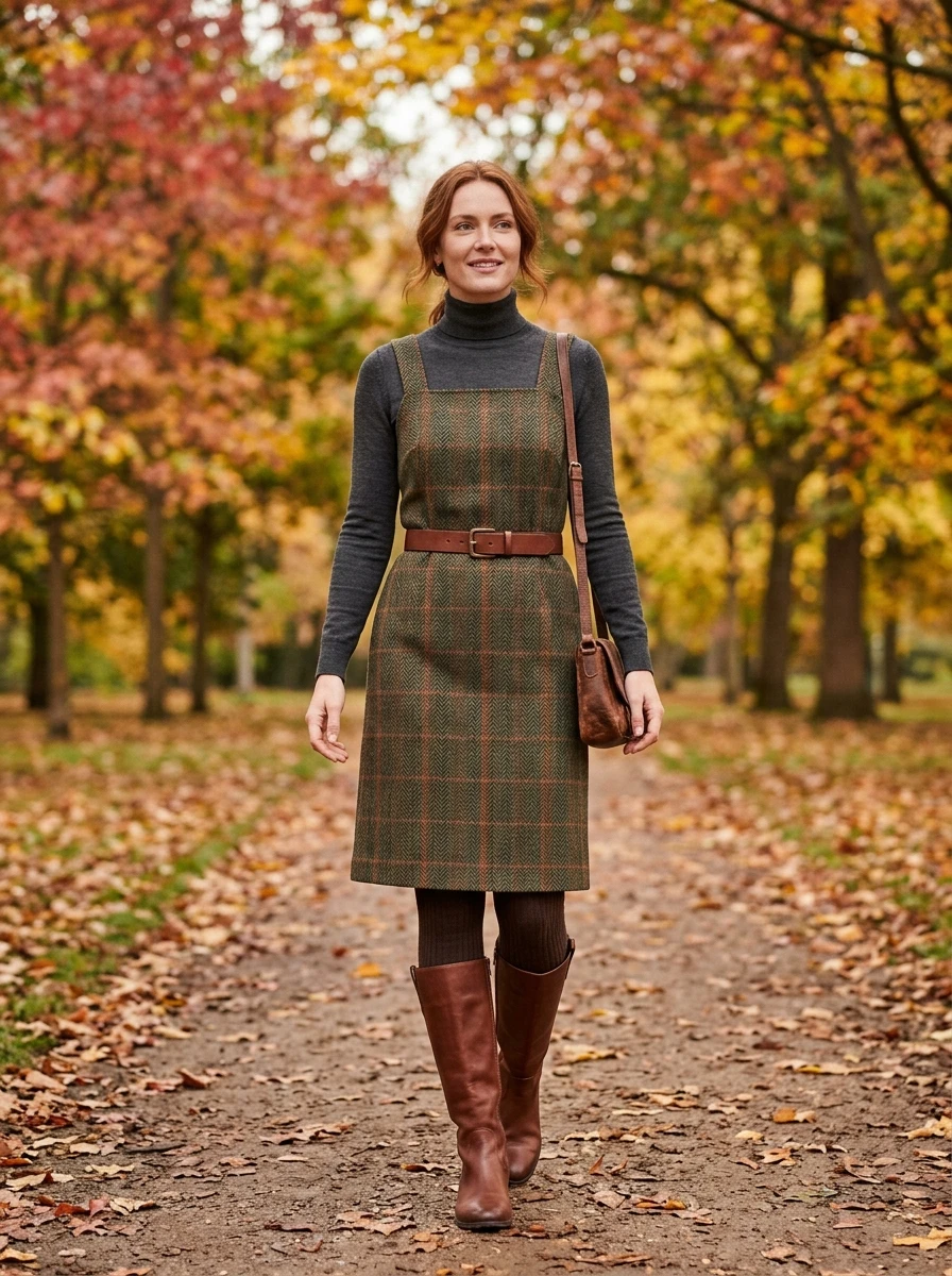 A woman wearing a wool pinafore dress over a fitted turtleneck.