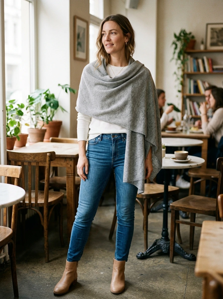 A woman wearing a soft gray cashmere wrap over a white top and slim blue jeans.