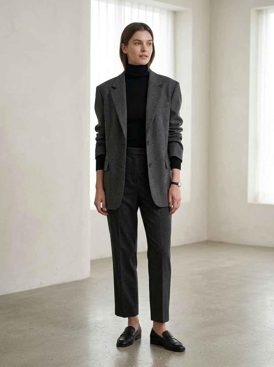 A woman styled in a charcoal wool blazer layered over a slim black turtleneck with tailored trousers.