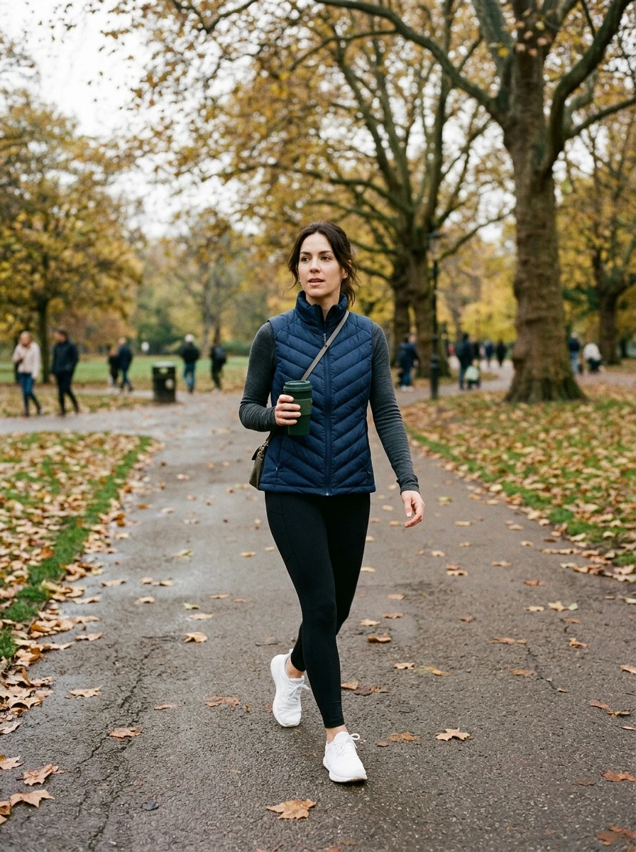 A woman wearing a navy quilted vest over a long sleeve top and thermal leggings in a park.