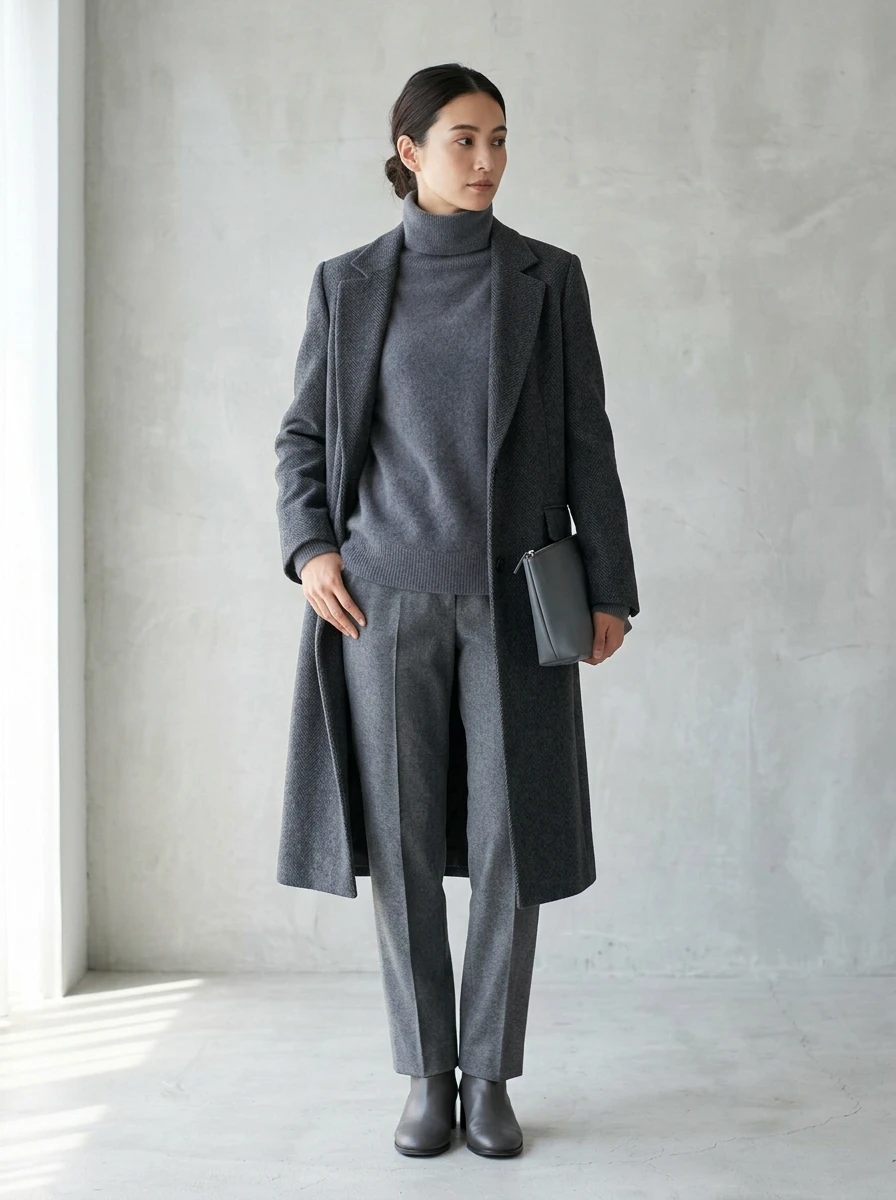 A woman wearing monochromatic layers of gray including a wool coat, sweater, and trousers.