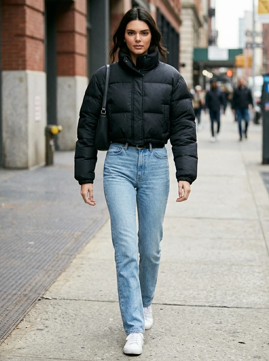 A woman wearing a matte black cropped puffer jacket and light blue high rise jeans.