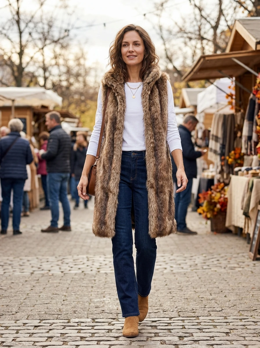 A woman wearing a long faux fur vest over a white long sleeve tee and dark jeans.