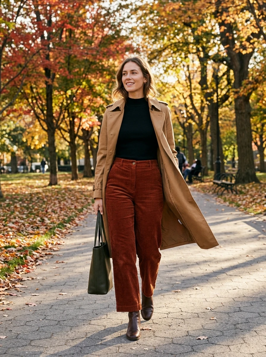 A woman wearing wide wale corduroy trousers and a fitted mock neck top.