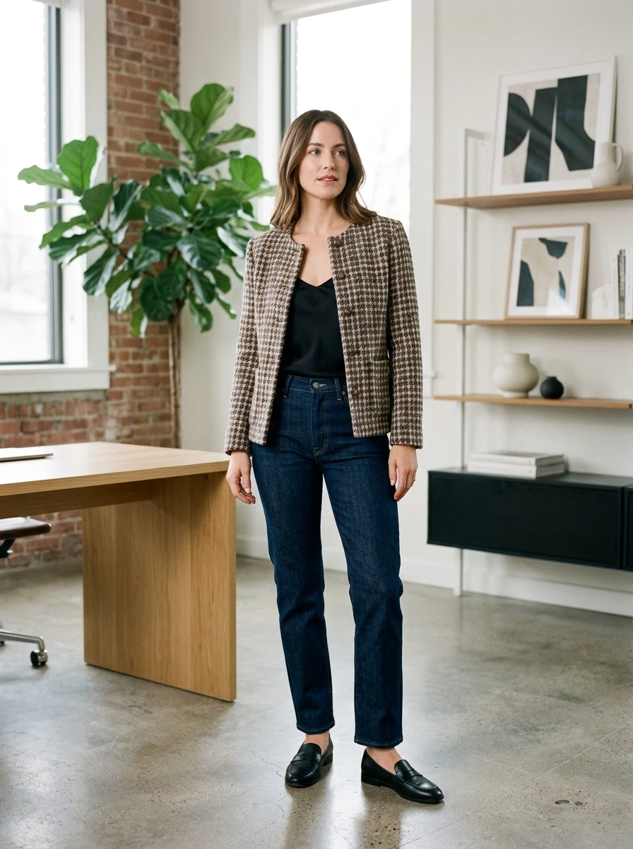 A woman stands in an office wearing a tweed jacket over a camisole with dark denim jeans.