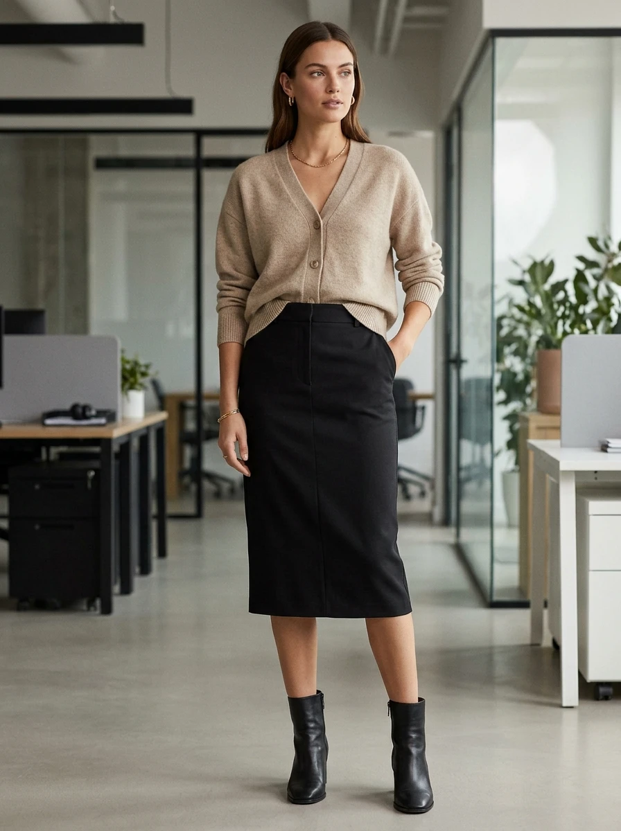 A woman stands in an office wearing a slouchy beige cardigan tucked into a black pencil skirt.