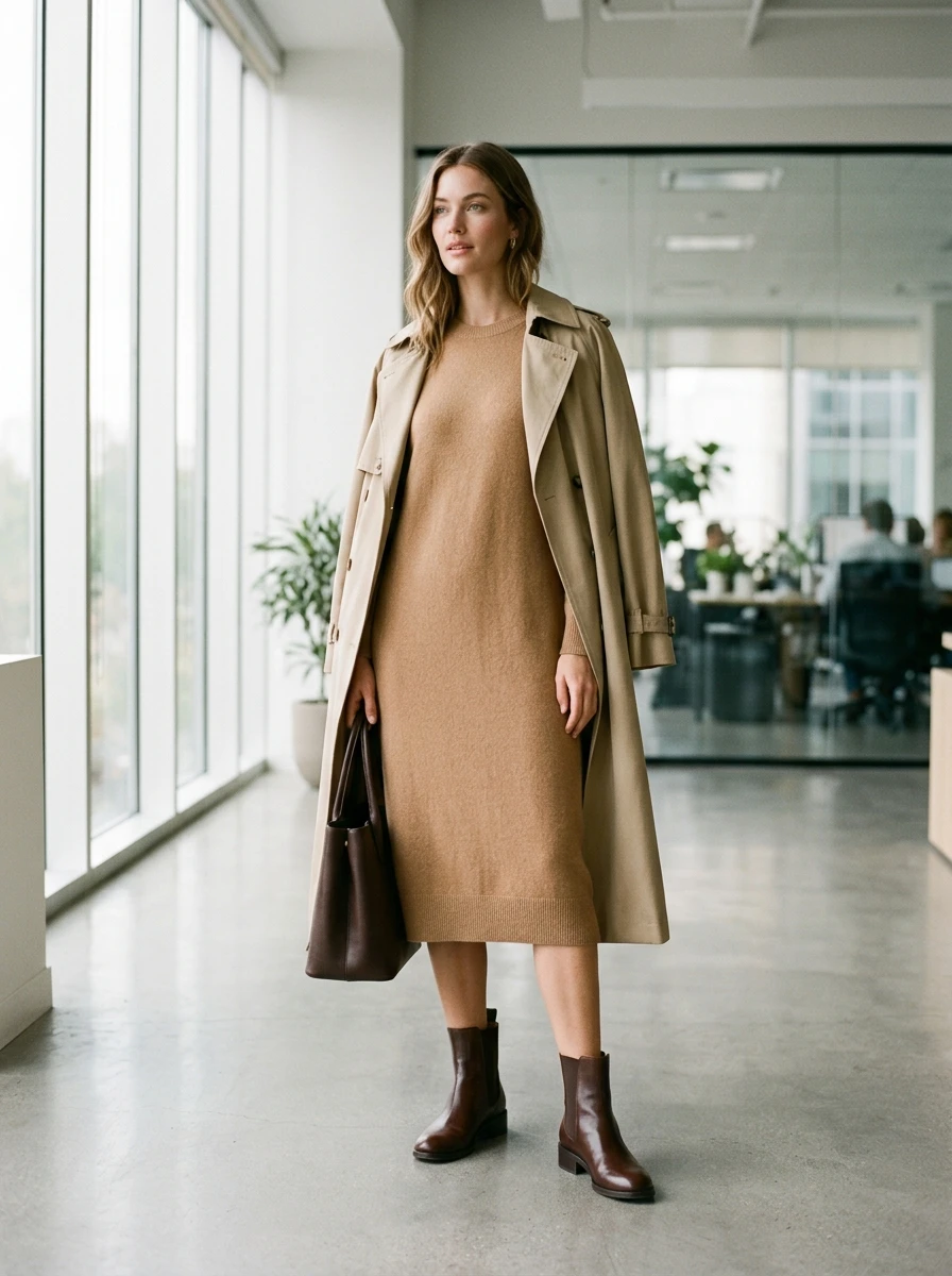 A woman stands in a foyer wearing a midi length camel sweater dress and leather ankle boots.