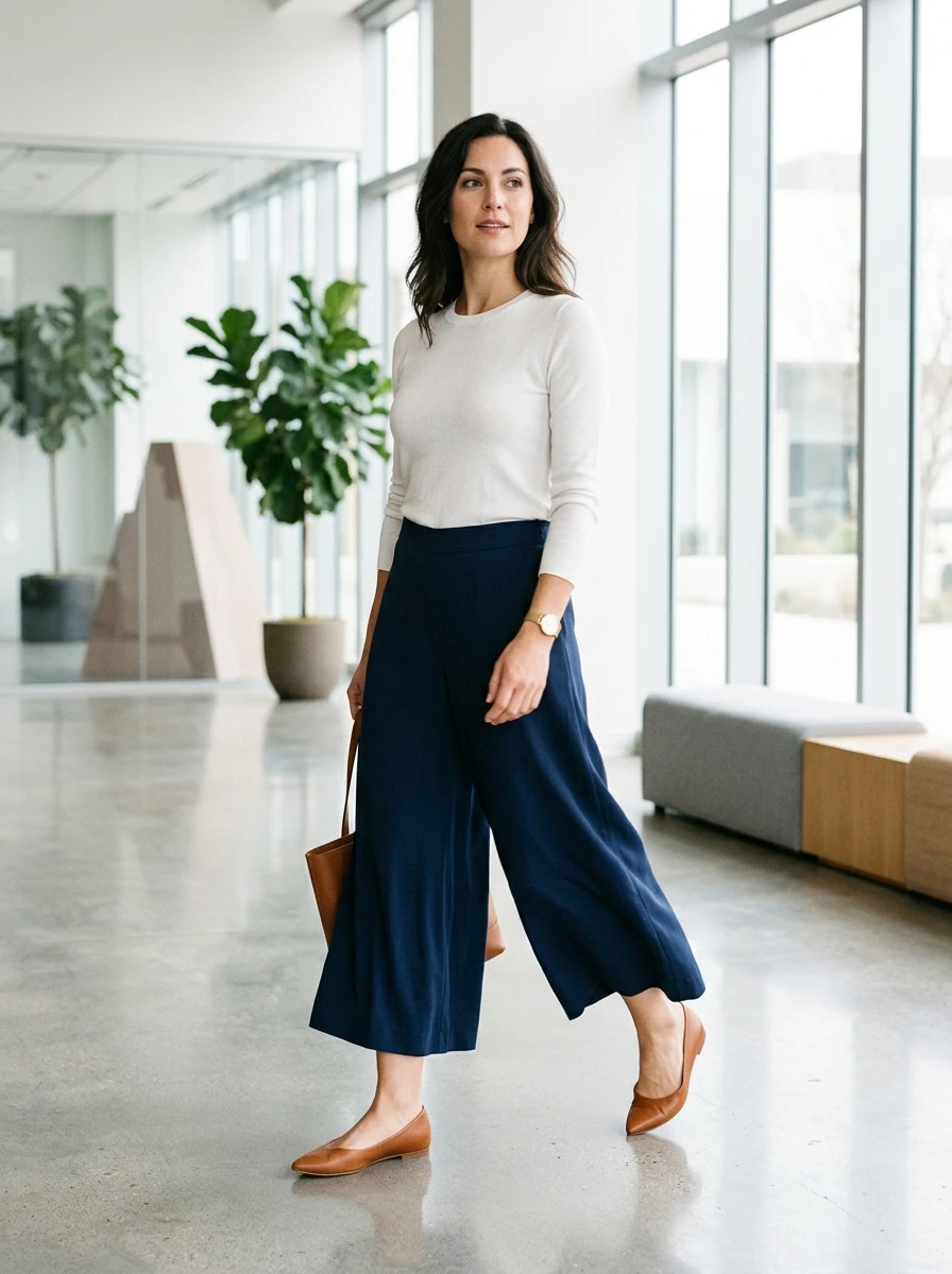 A woman stands in a lobby wearing navy culottes paired with a fitted white long sleeve top and pointed toe flats.