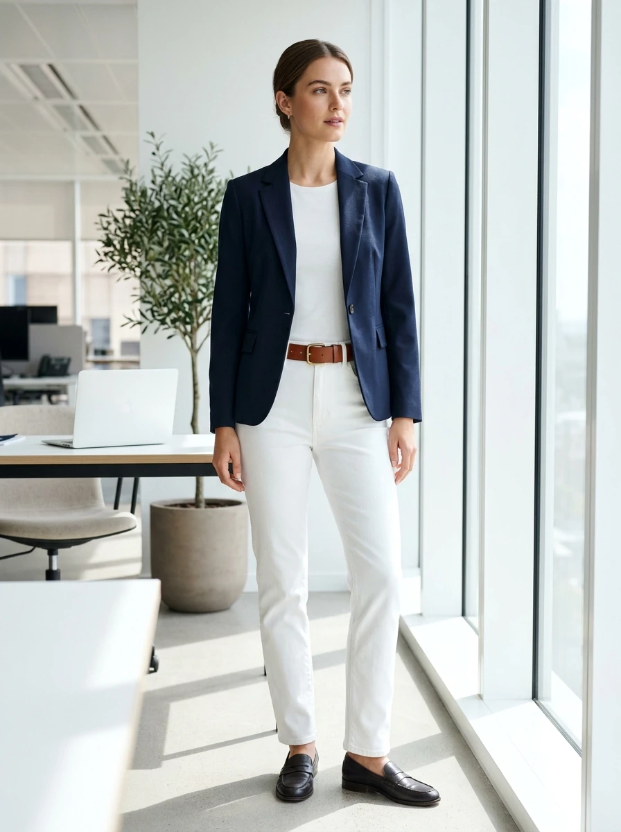 A woman stands in an office wearing white jeans, a navy blazer, and a brown leather belt.