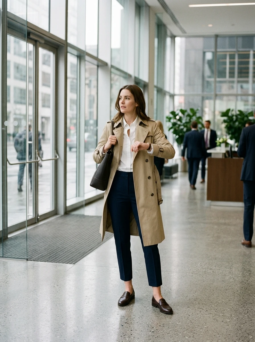 A woman stands in an office entrance wearing a classic beige trench coat over navy trousers and a white shirt.