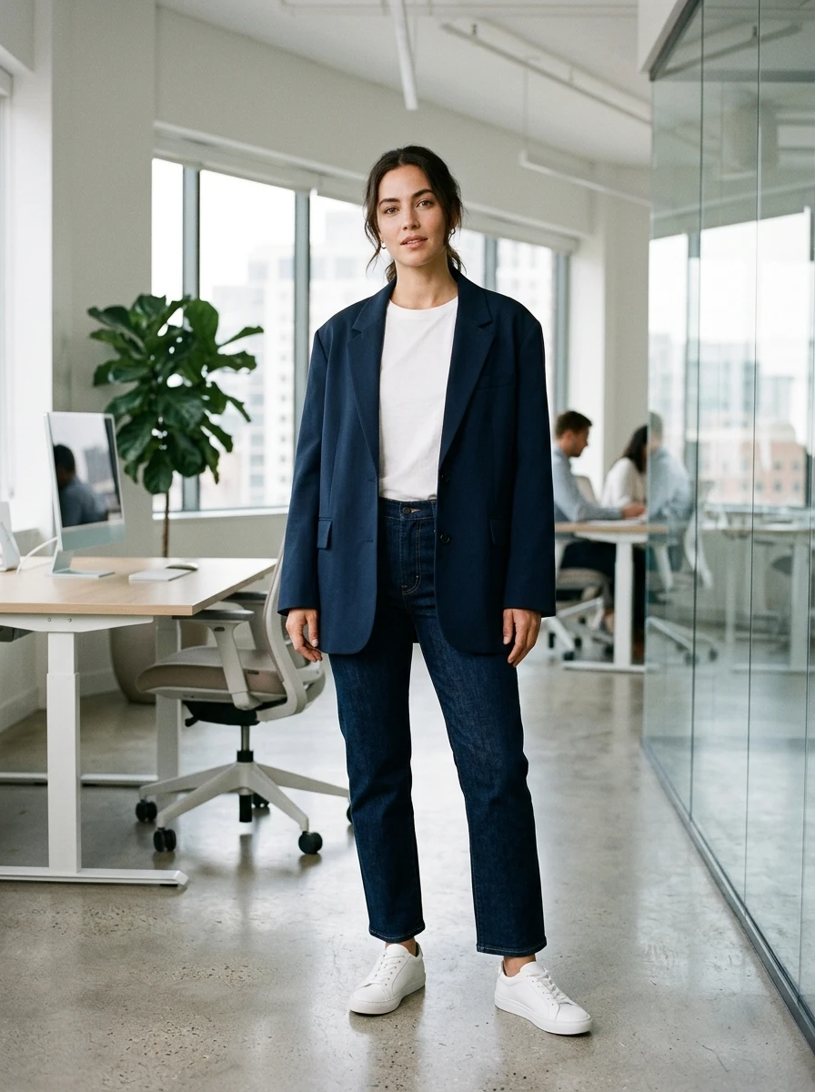 A woman poses in a workspace wearing an oversized navy blazer over a white t shirt with dark straight leg denim jeans.