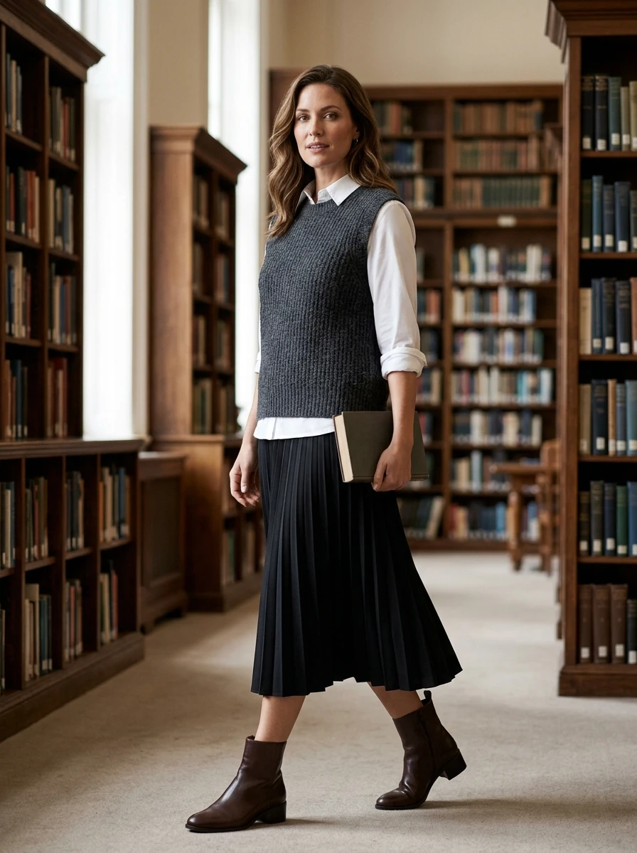 A woman stands in a library wearing a black pleated midi skirt paired with a textured knit vest over a white button down shirt.