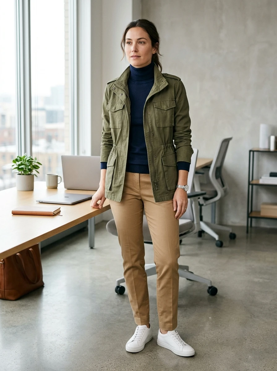 A woman stands wearing an olive green utility jacket layered over a navy turtleneck and tan chinos.