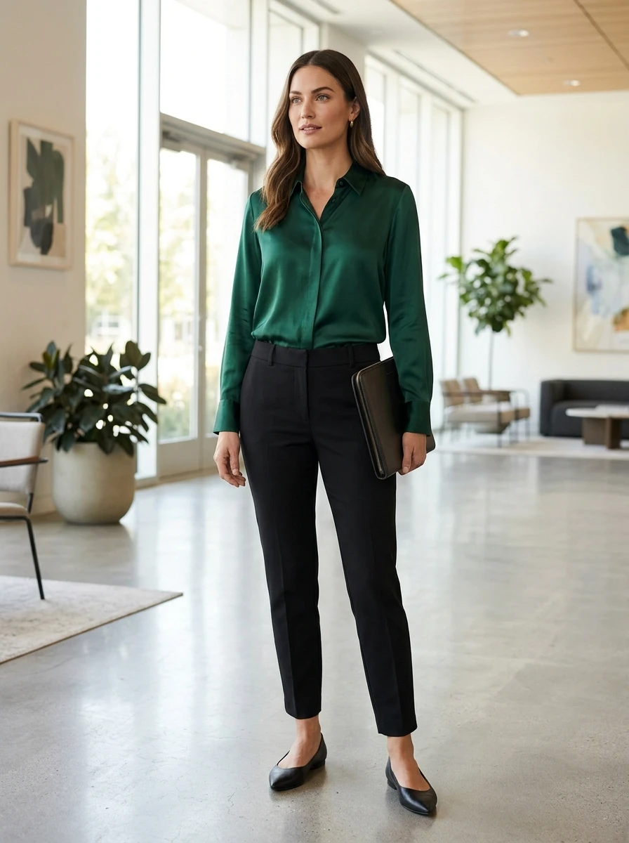 A woman stands in a lobby wearing an emerald green silk blouse and black tapered trousers with minimalist flats.