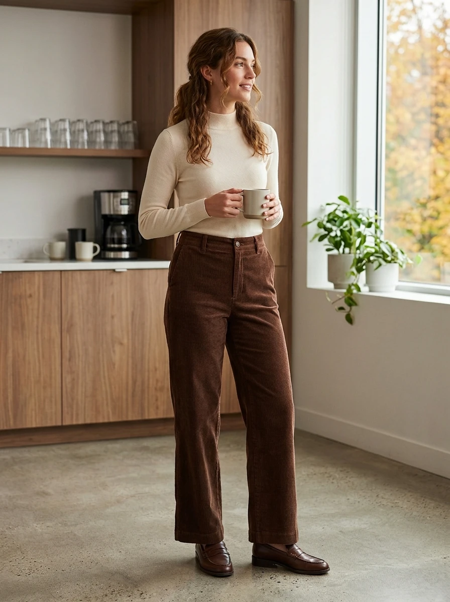 A woman stands in a breakroom wearing high waisted chocolate brown corduroy trousers and a cream mock neck top.