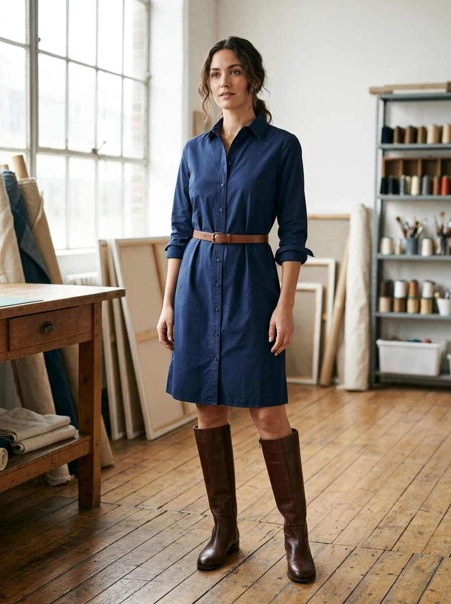 A woman stands in a studio wearing a navy shirt dress cinched at the waist with a brown leather belt.