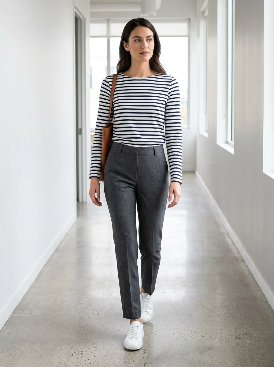 A woman stands in a hallway wearing charcoal gray trousers and a striped long sleeve tee with white leather sneakers.