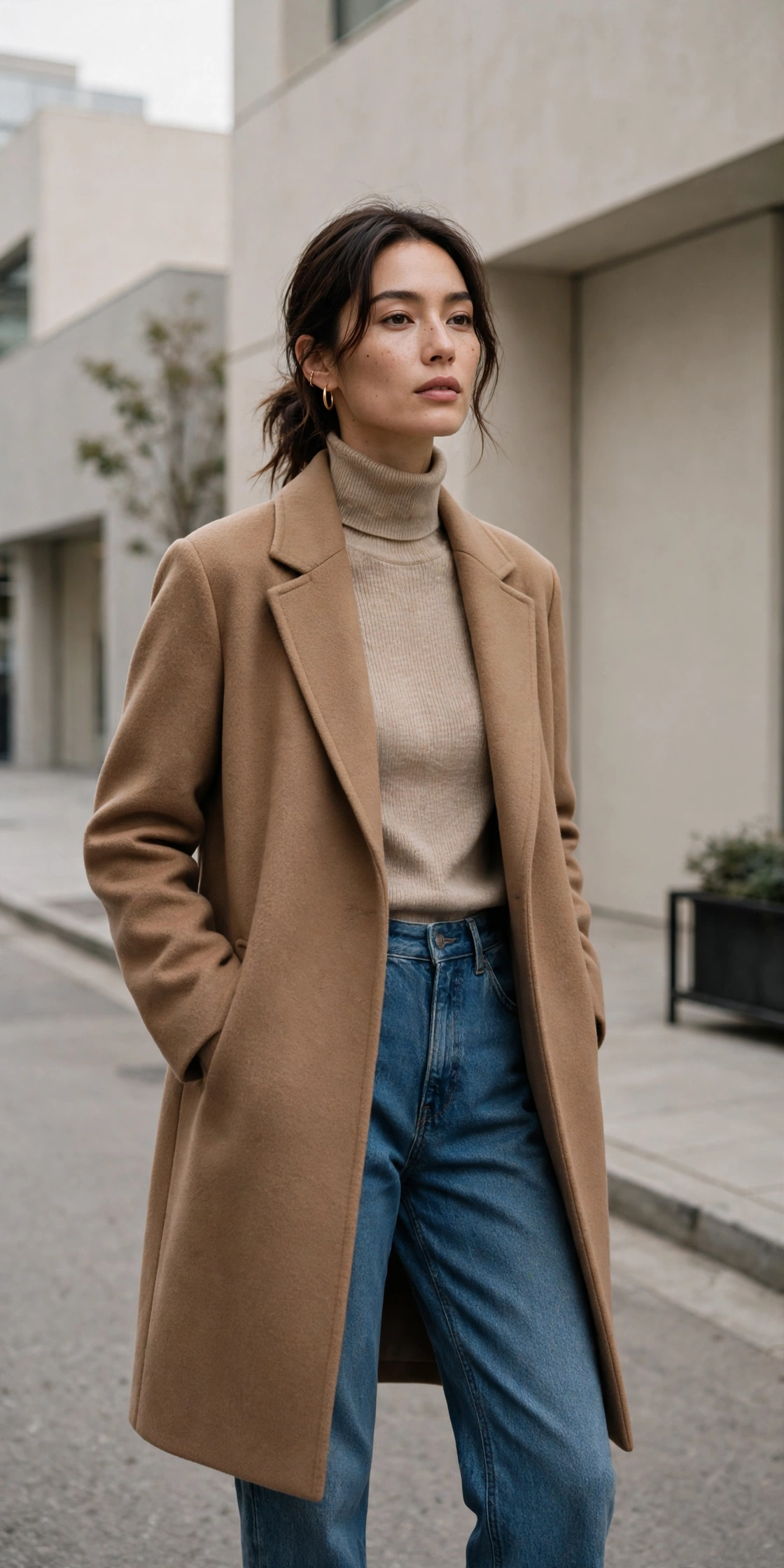 Woman in a cream cable-knit sweater, camel coat, and dark jeans on a city street
