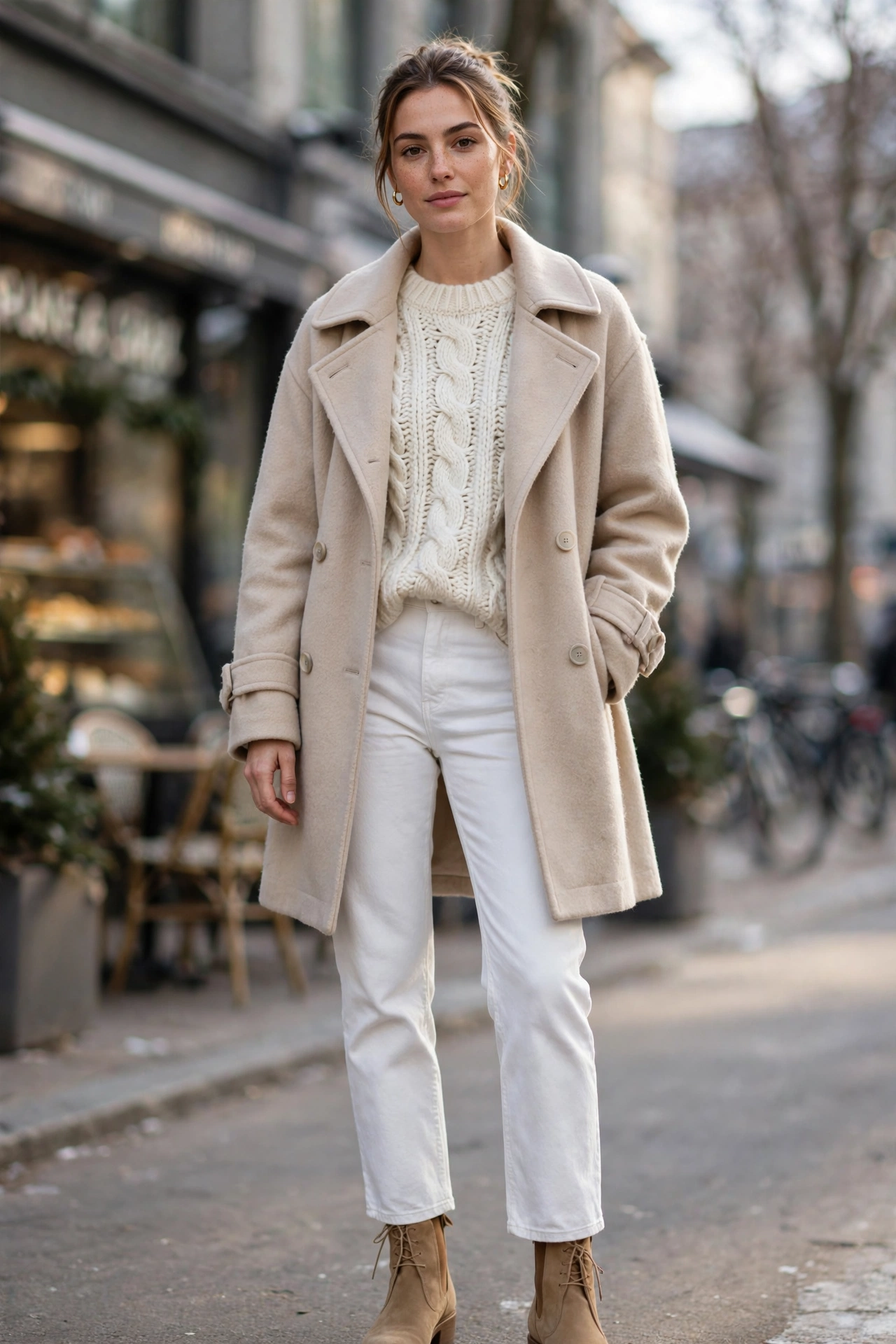 Woman in an ivory chunky knit, beige trench-style wool coat, and white jeans with tan boots