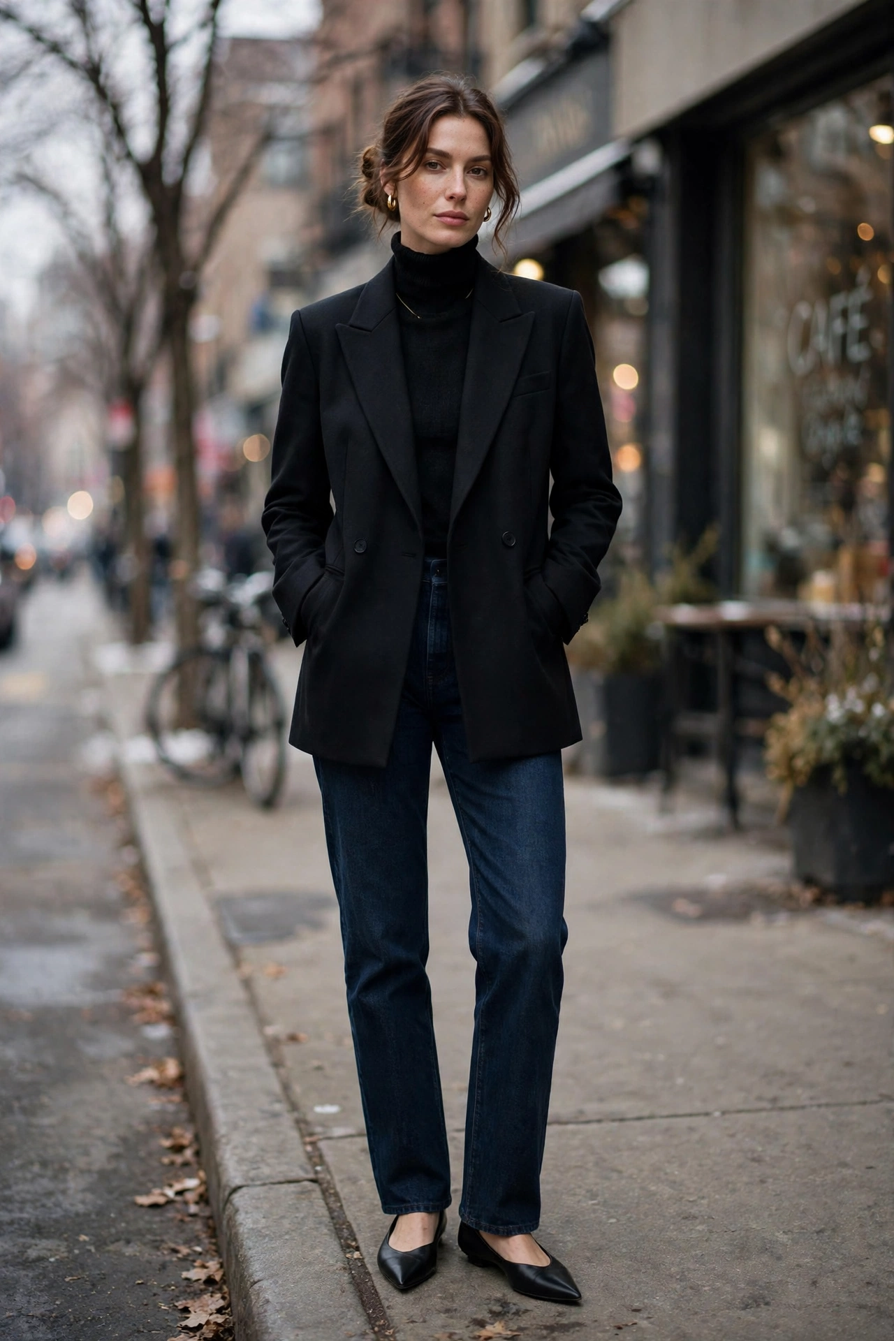 Woman in a structured black blazer with a black turtleneck and dark straight jeans