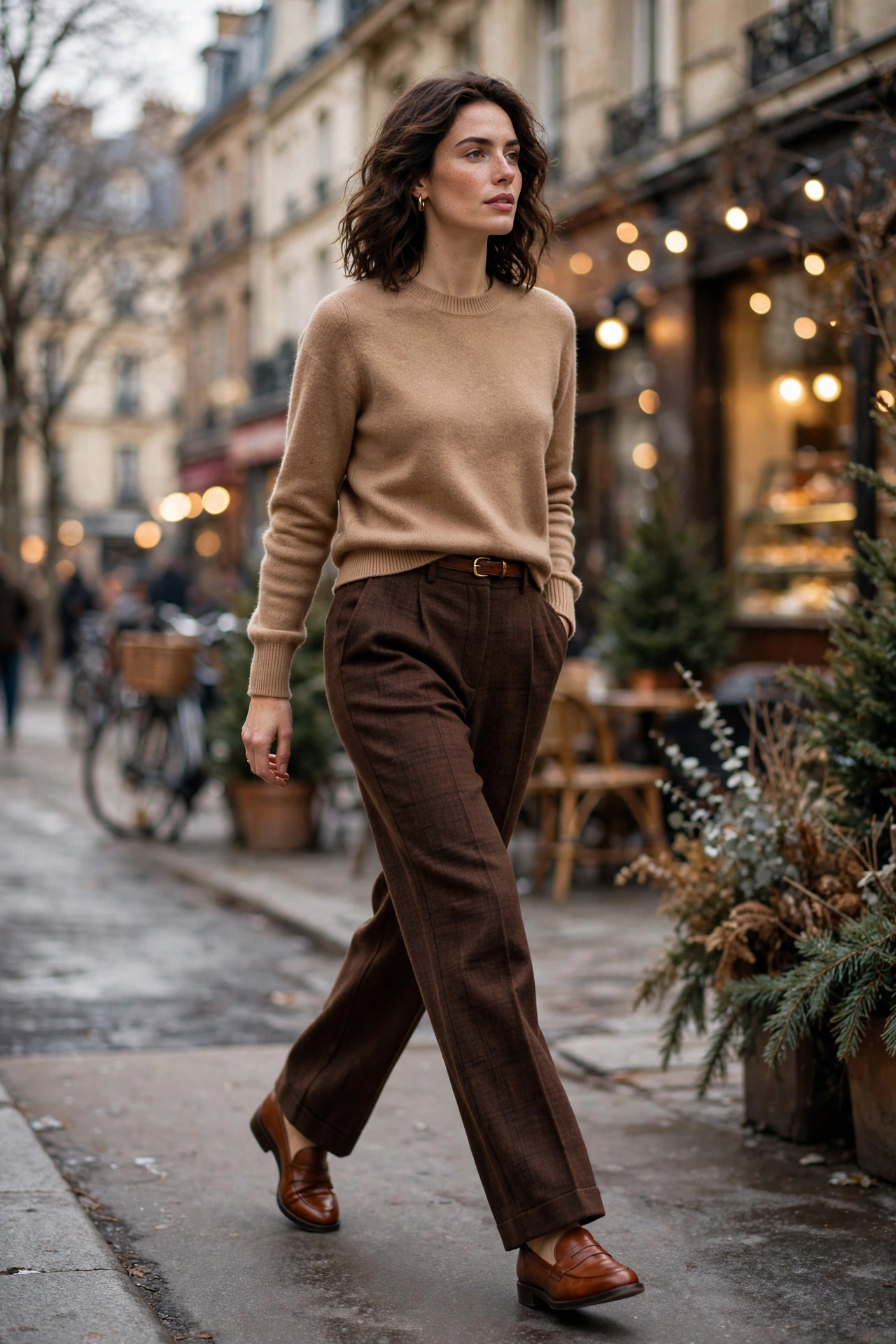 Woman in a camel crewneck sweater tucked into brown wool trousers with cognac loafers