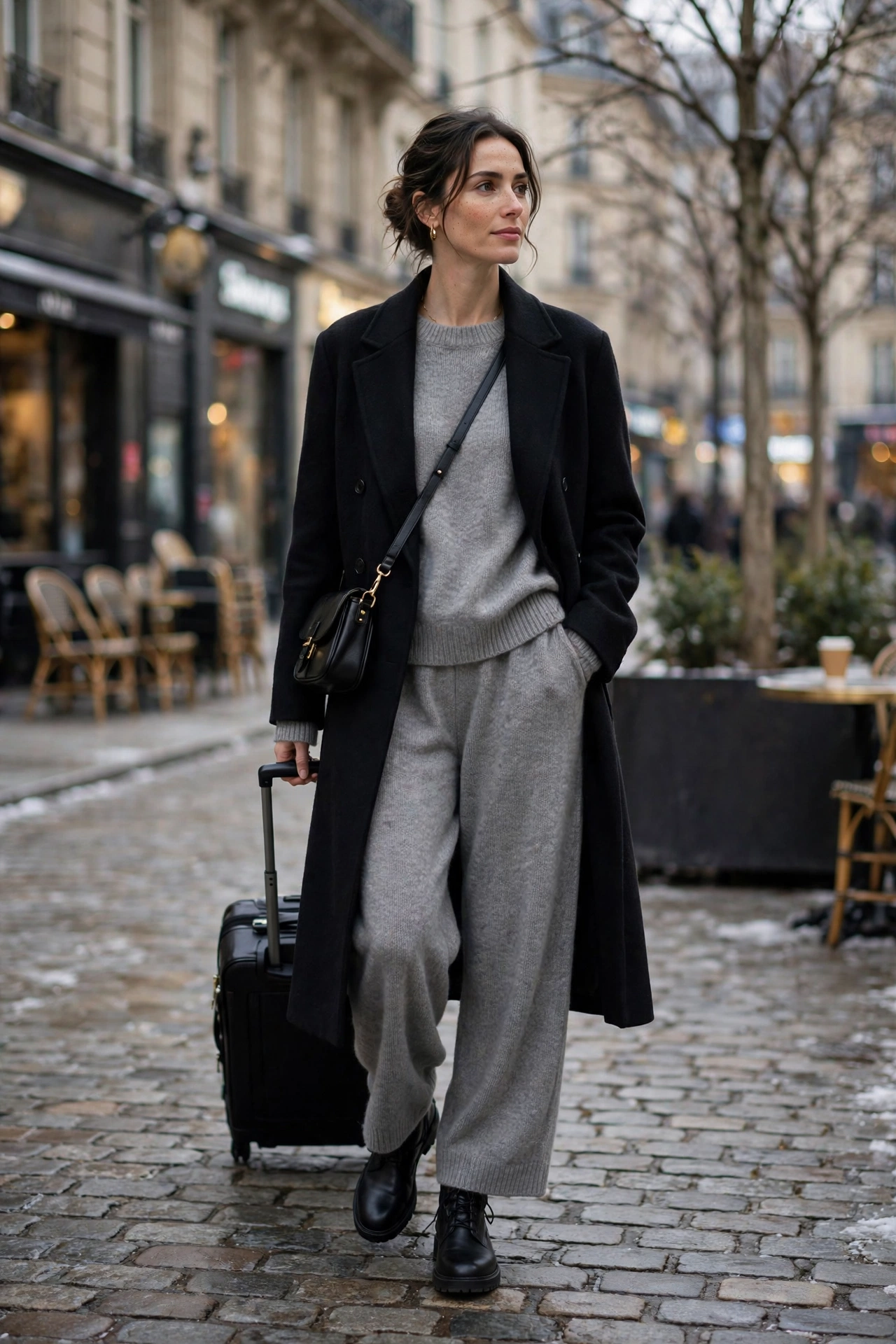 Woman in a mid-grey cashmere knit set with a long tailored black coat and ankle boots