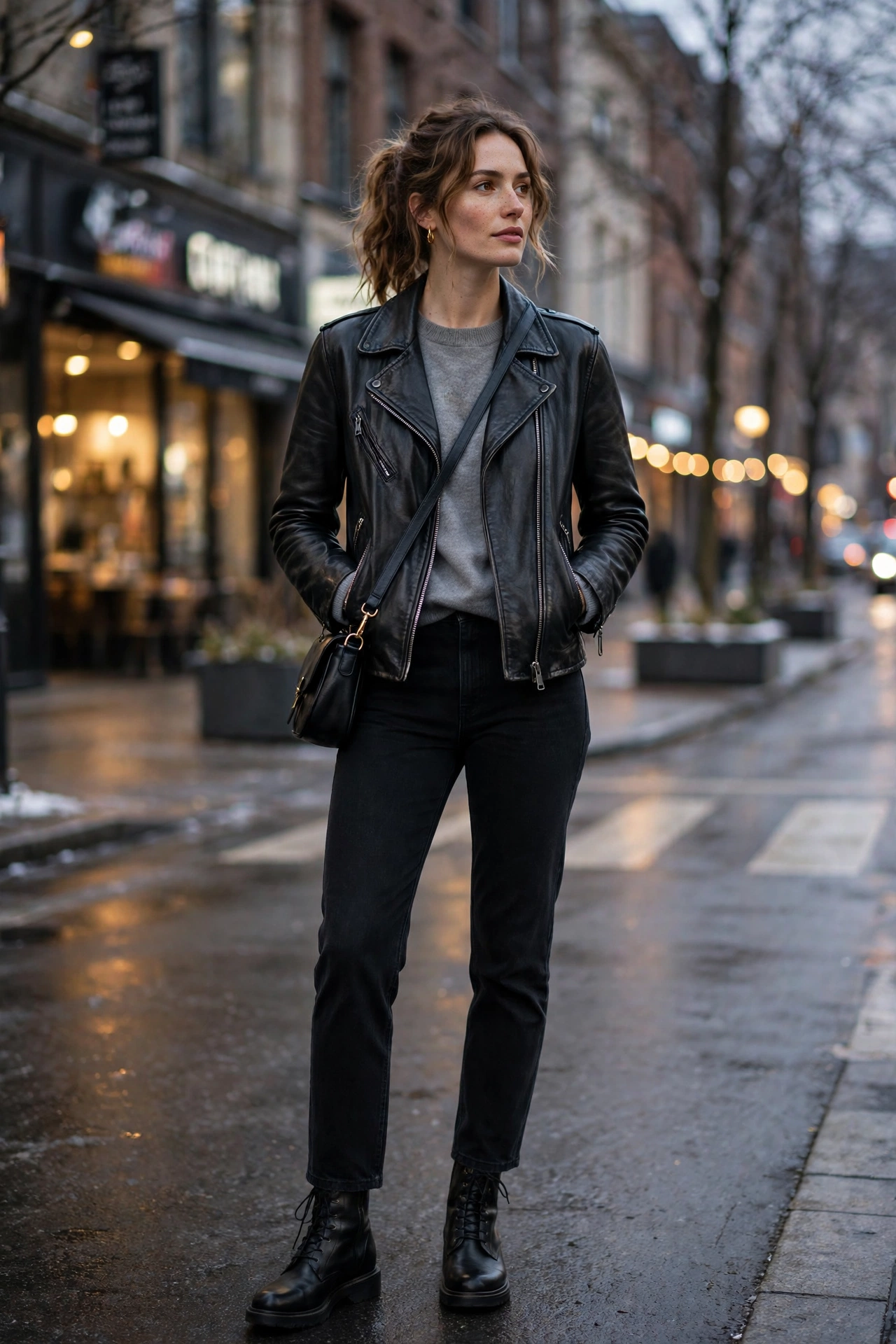 Woman in a black leather jacket over a grey crewneck knit with black jeans and ankle boots