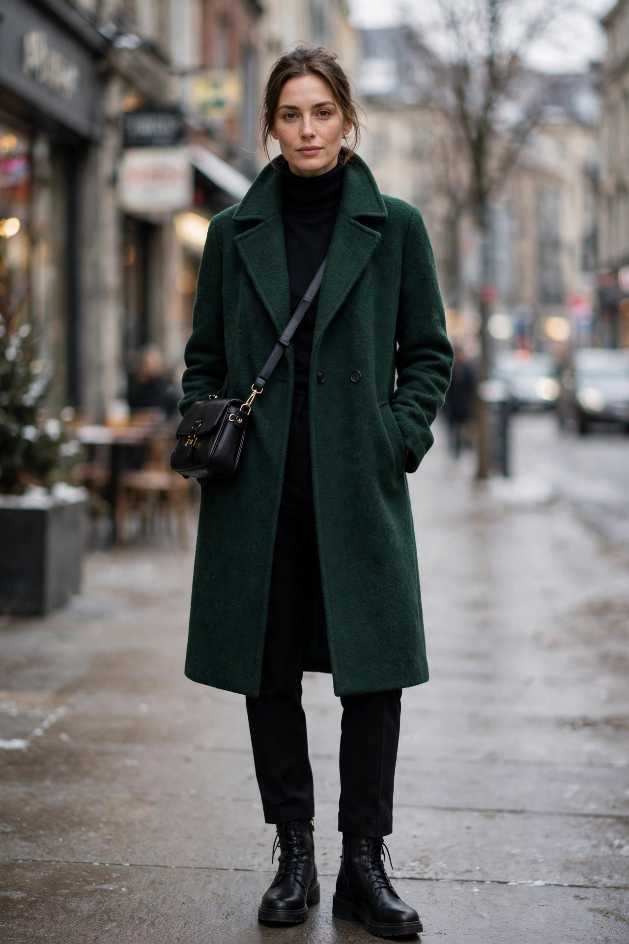 Woman in a deep forest green wool coat over an all-black winter base