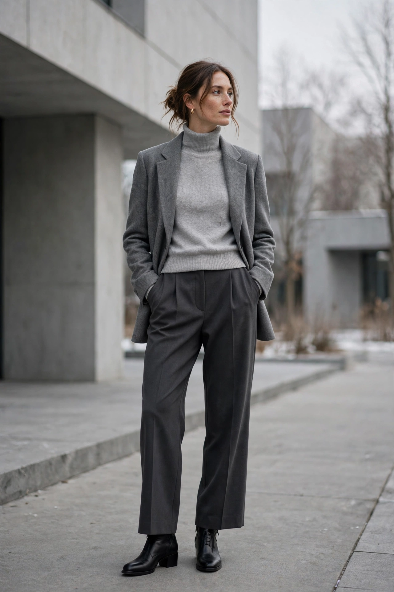 Woman in three tones of grey, light turtleneck, medium blazer, charcoal trousers, and black boots