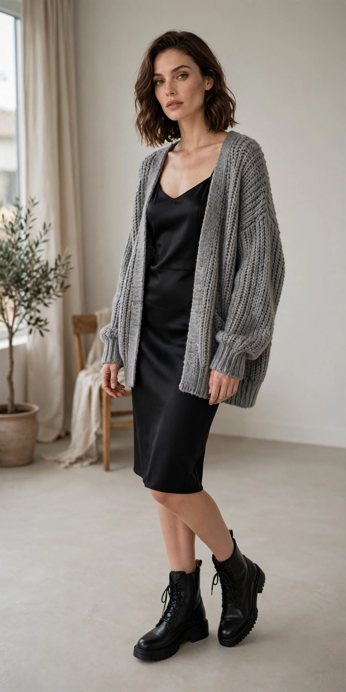 Woman in a charcoal knit dress, black wrap coat, tights, and knee boots in a neutral interior