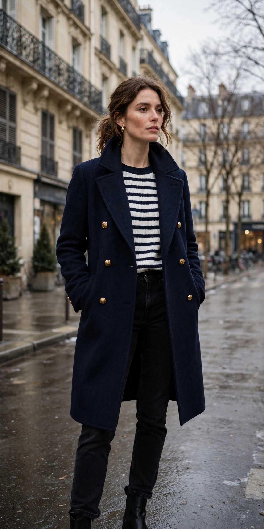 Woman in a navy wool coat with a grey marle knit and dark jeans on a Parisian winter street