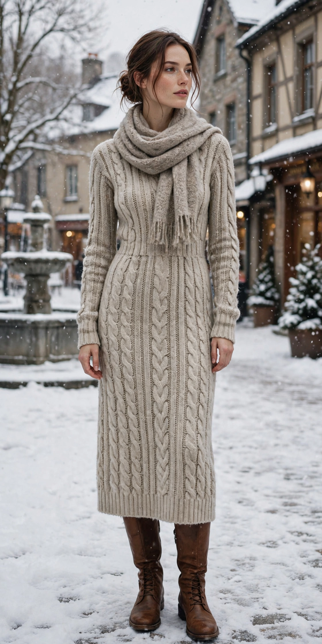 Woman in oatmeal-toned knit dress, wool scarf, brown boots, and stone-toned layers in a snowy square