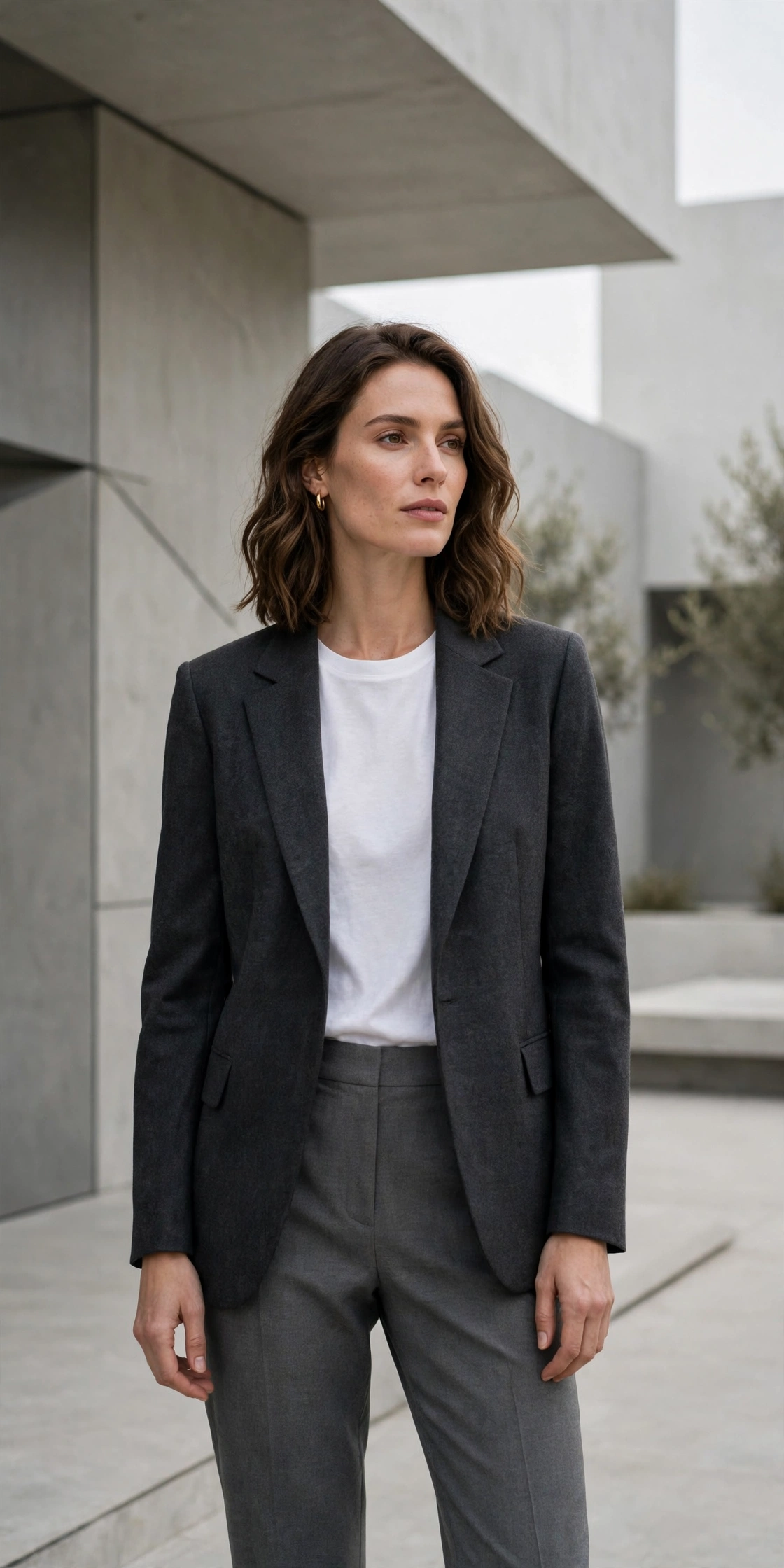 Woman in a charcoal overcoat with a white shirt and dark trousers in front of modern architecture