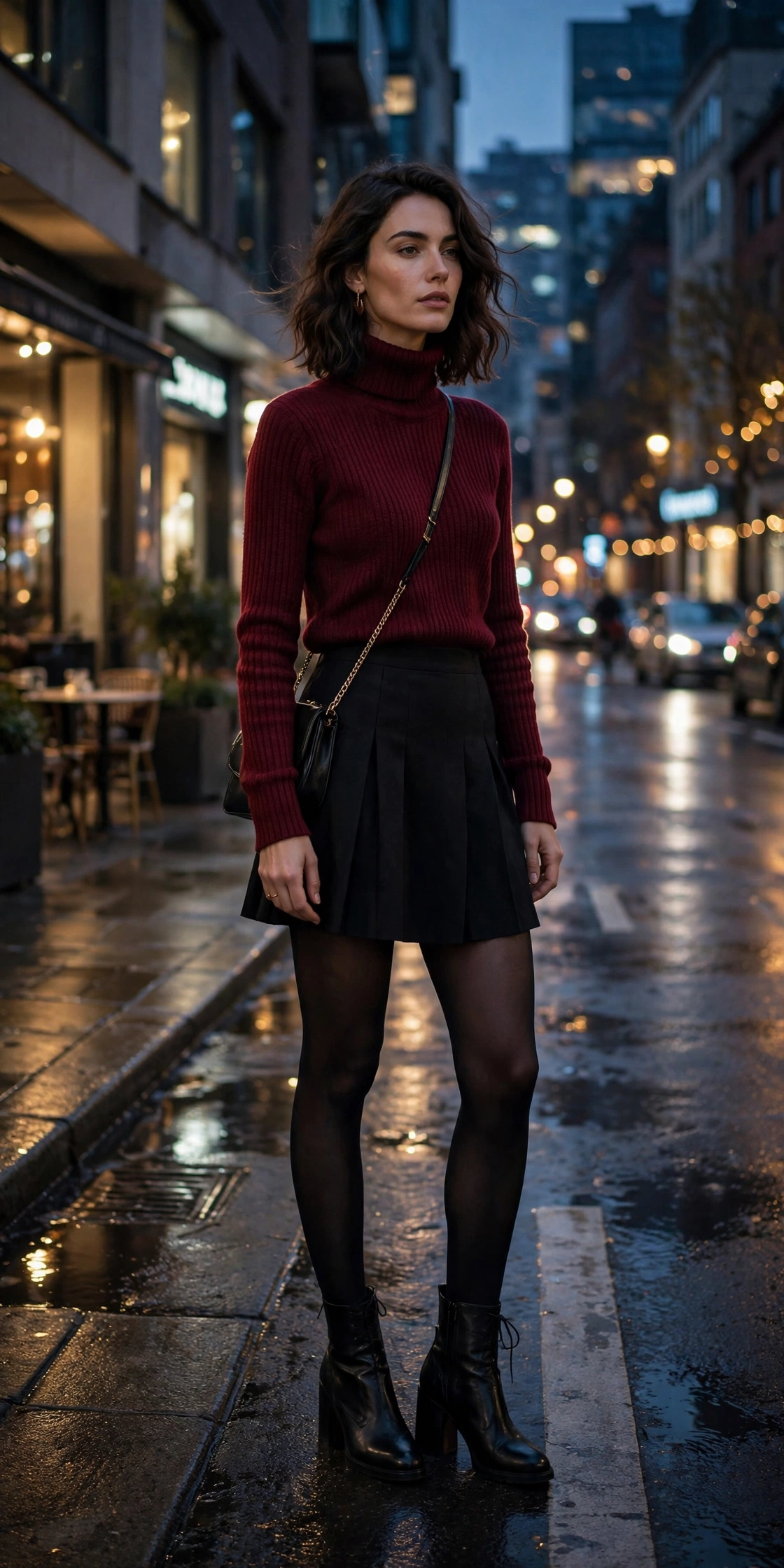 Woman in a black knit midi skirt, black turtleneck, tights, and knee boots