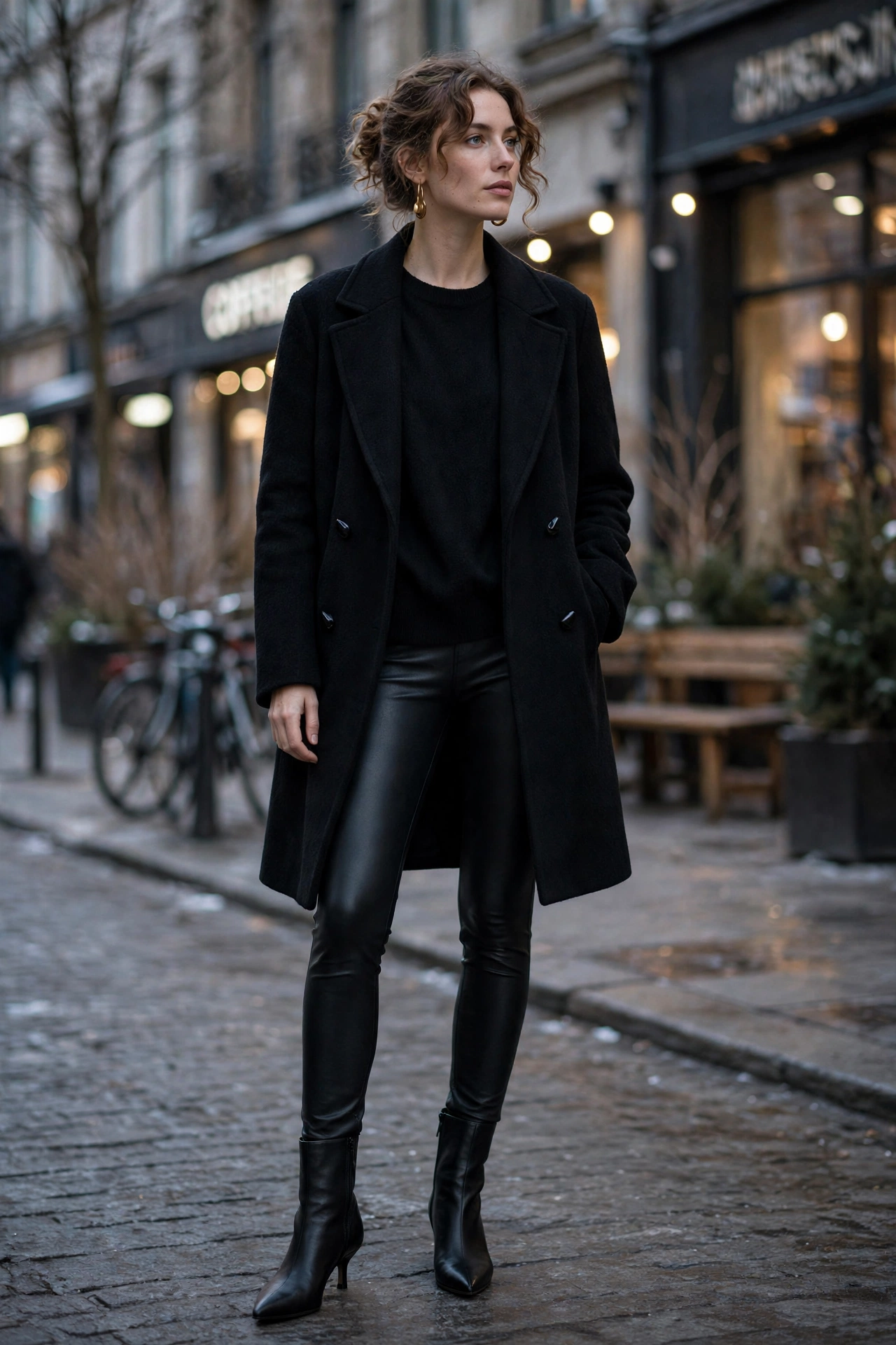 Woman in all-black monochrome layers of leather, cashmere, and wool with gold hoops