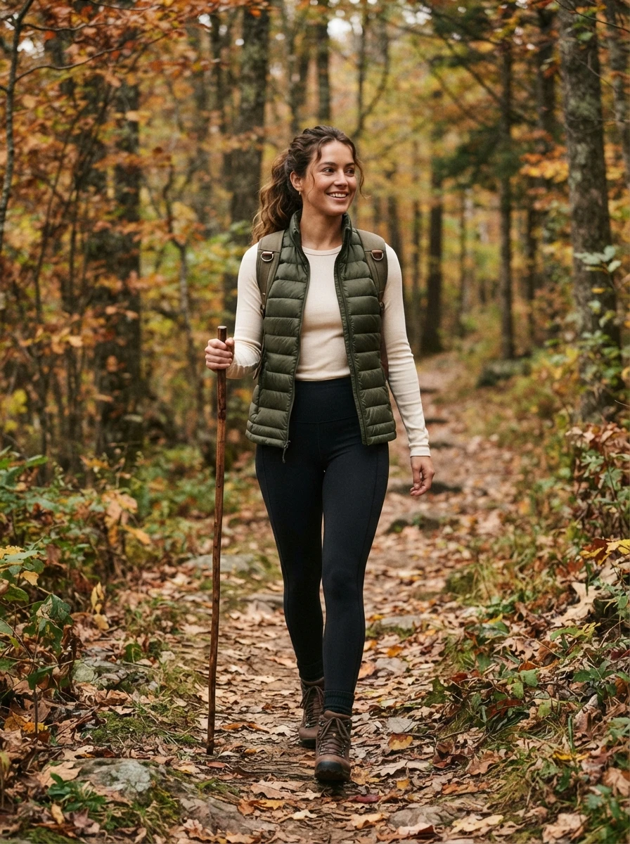 A woman wearing a quilted puffer vest over a fitted long sleeve tee and black leggings.